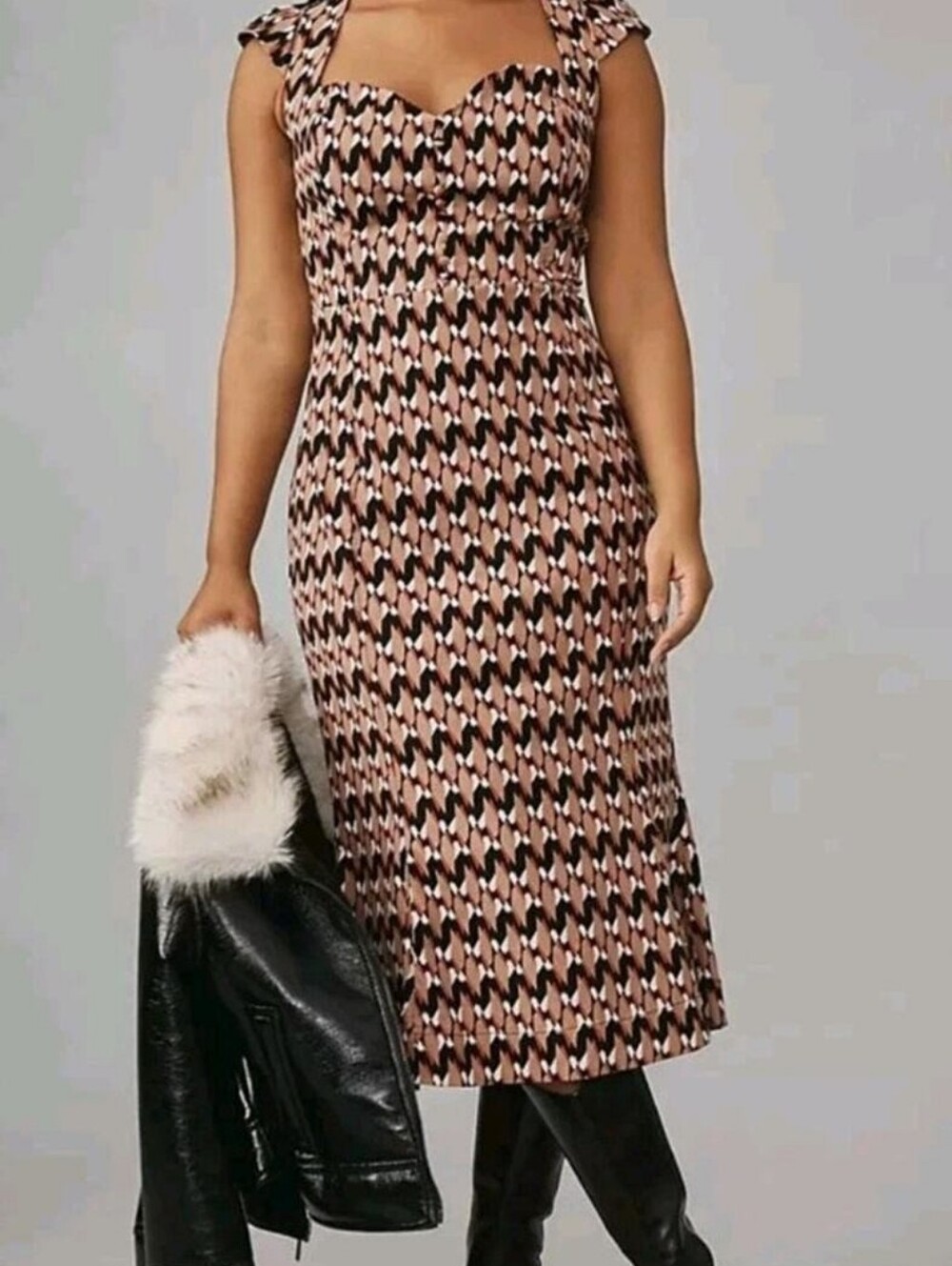 Anthropologie Midi Dress in Black, White & Rust Diamond Print